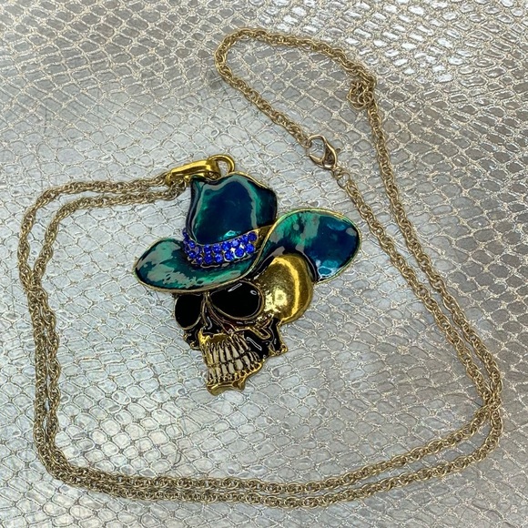 Pendant Necklace Silver Chain Aqua Enamel/Blue  Crystals Cowboy Hat/Gold S… - Picture 3 of 3